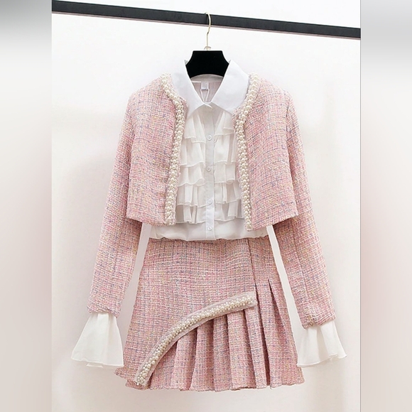 Set Chanelish Le Rose Pink Tweed Jacket And Skirt - Picture 11 of 16